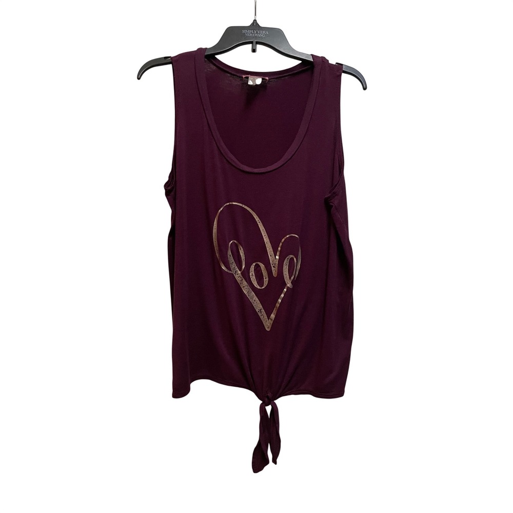 Ragdoll Womens 2X Burgundy Love Heart Graphic Tie Front Sleeveless Tank Top